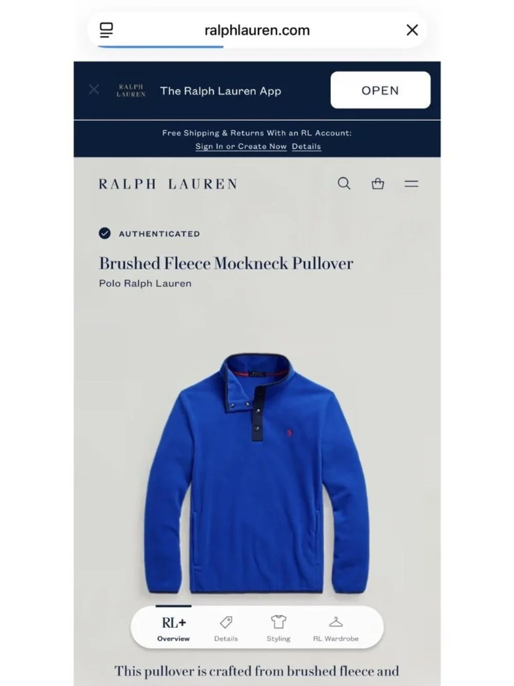 Polo Ralph Lauren Men's L Large Fleece Pullover Mock Neck Blue Snap Jacket New